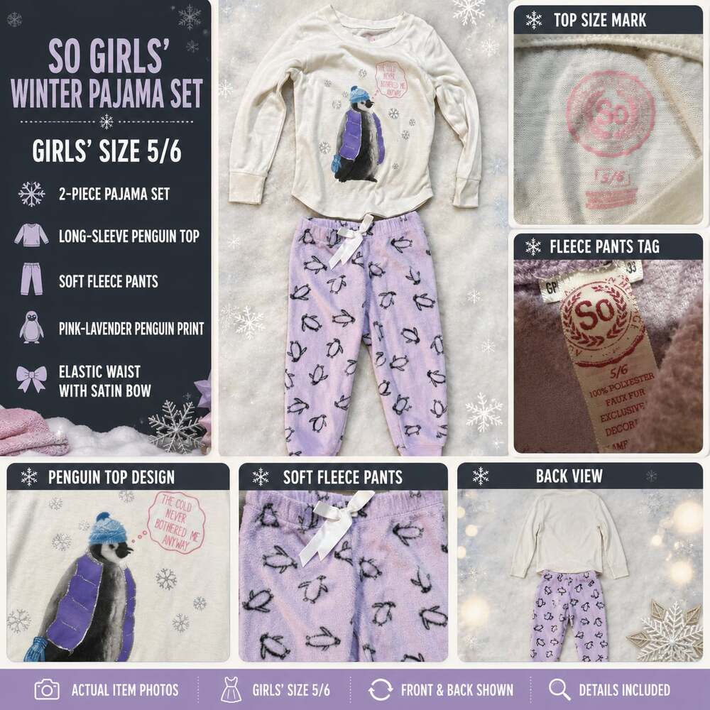 SO Girls Winter Pajama Set Size 5/6 Penguin Top and Fleece Pants